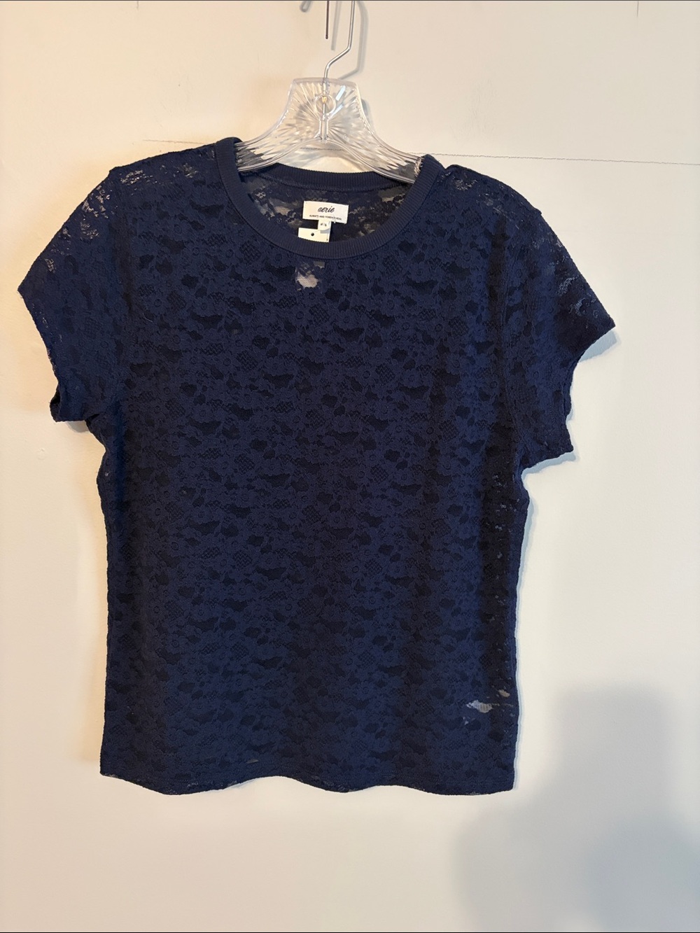 Aerie Navy Lace Short Sleeve sheer Tee shirt. Cap sleeve. Med. NWT.